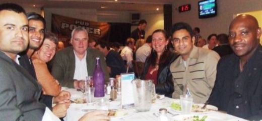 Enjoying the night: L-R Saeed Akram, Muhammad Maaz, Vicki and Richard Cooney, Victoria Thorneycroft, Umar Farooq and coach Vic Hodge.