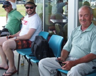 Relaxing outside: L-R Ian Wenlock, Steve Herbert and umpire Richard Burns-Garnett.
