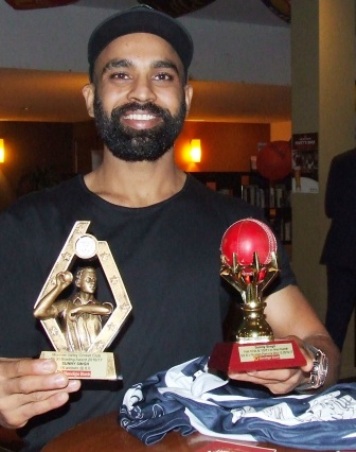 Pure class: Sunny Singh with his Fourth Eleven bowling award and his hat-trick ball.