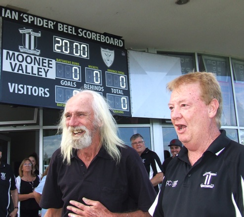 Ian 'Spider' Beel (left) was caught unawares when MVFC President Steve Radford unveiled the new scoreboard in his honor.