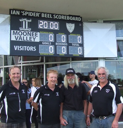 The numbers don't lie: Not on the Ian "Spider" Beel Scoreboard. Enjoying the occasion were (L-R) MVFC Secretary Brett Curran and MVFC President Steve Radford (both also Moonee Valley cricketers), guest of honor Ian Beel and MVCC President Charlie Walker.