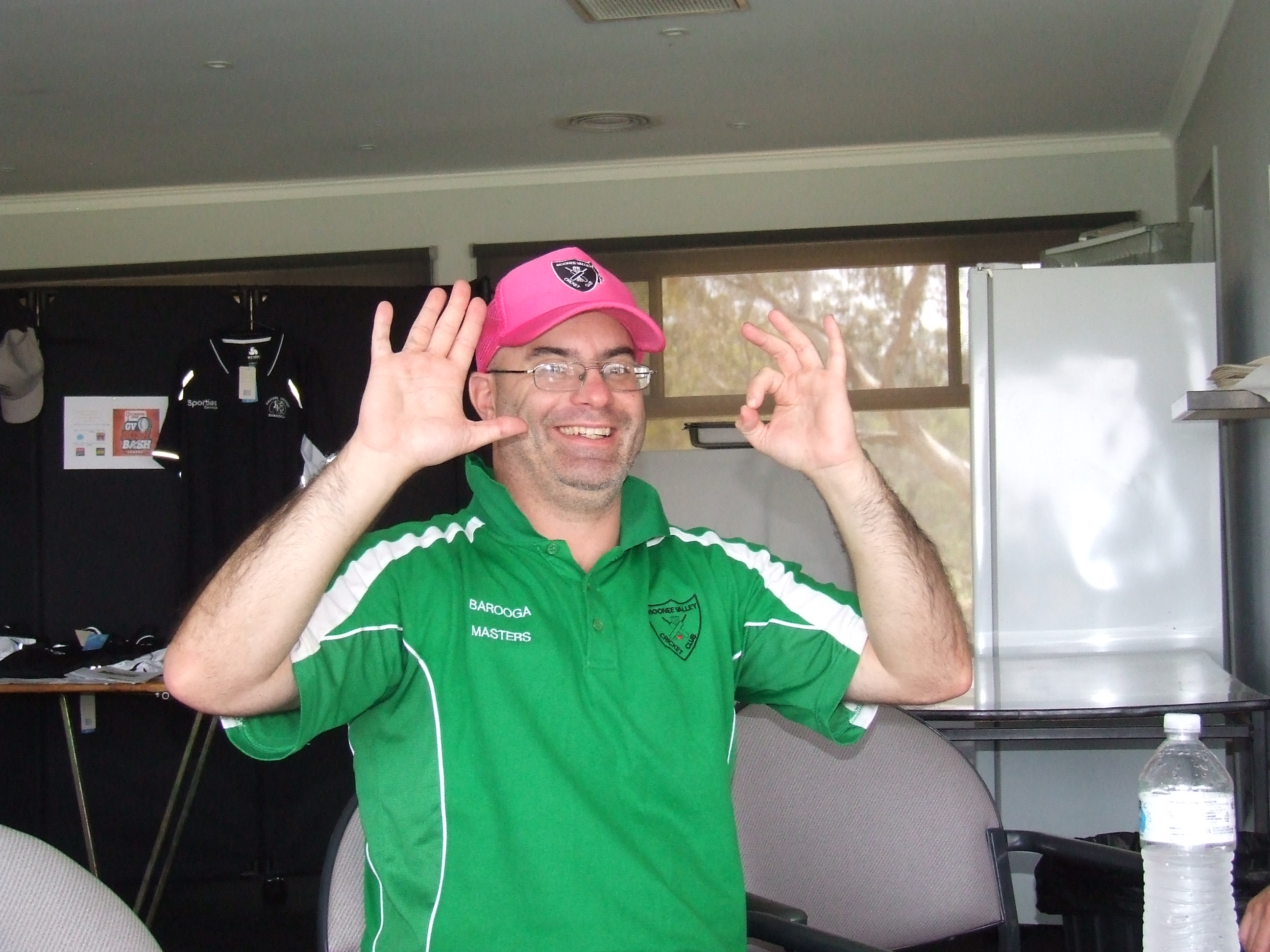 Michael "Mickster" Cumbo holds up a five and a zero to signify 50 - the number of ducks he's now made for Moonee Valley.