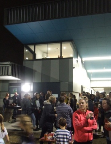 The crowd mills in front of the magnificent upstairs scorer's box.