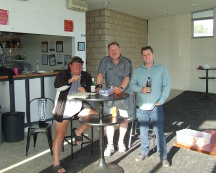 The absolute last beer in the old clubrooms: Vacating are L-R Shane McDonald, Simon Thornton and Ed Rayner.