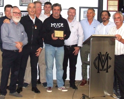 Life Members on the stage to welcome inductee Tony Gleeson. L-R Mark Gauci, Allan Cumming, John Talone, Darren Nagle, Jack Newman, Tony Gleeson, Geoff McKeown, Dean Jukic, Danny Terzini and Charlie Walker.