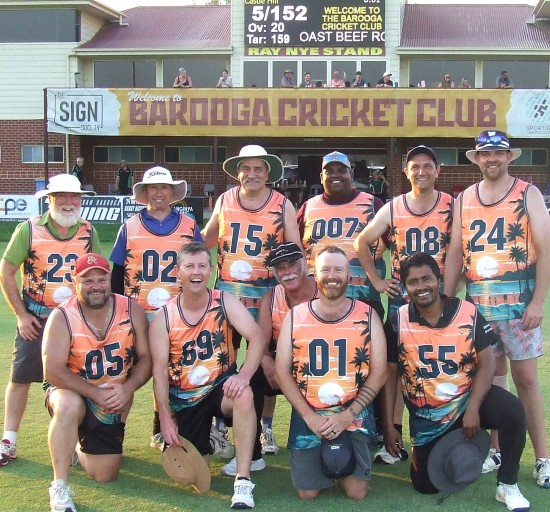 Our team for Game 3 - the second T20. L-R: Back - Allan Cumming, Cameron McGregor, Tony Gleeson, Channa DeSilva, Jason Ripa and Matt Thomas. Front - Glen Courts, Craig Pridham, Charlie Walker, Peter O'Kane and Maks Rahman.