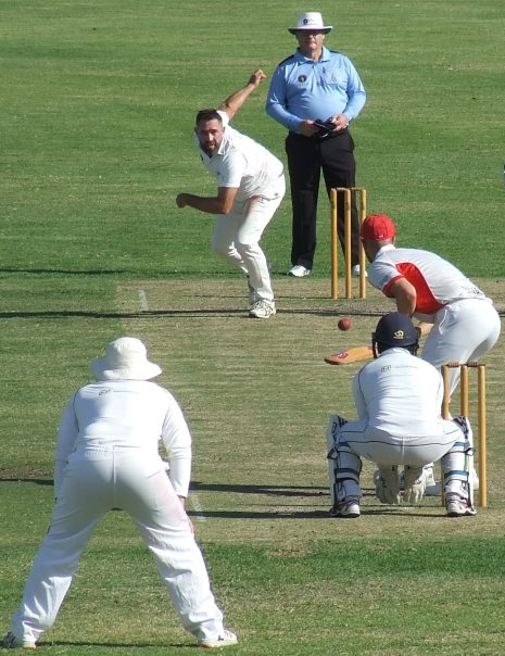 Steve Hazelwood lets one fly with Suraj Weerasinghe keeping up to the stumps - under the watchful eye of umpire Matt Cervetto.