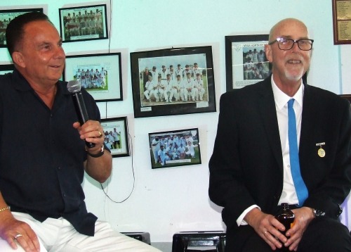 Life Member Bill Nagel (left) makes a humorous reflection on the career of inductee Kevin Gardiner.