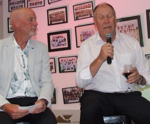 I've got the microphone now! Club great Greg Peters sits back after passing the mike across to new Hall of Famer Ian Denny.