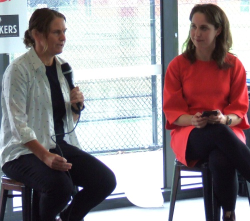 Essendon AFLW coach Natalie Wood (left) talks of her career, with Moonee Valley Secretary Sarah Fenn.