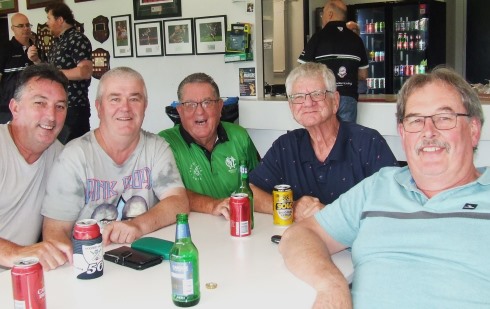 Settling in for the day - just like the rain! L-R Jim McKenzie, Mark Wakeling, Ray Storey, Garry Johnson and Ian Sutherland.