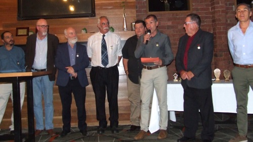 The Life Members were called to the front as Jim Polonidis read the citation for Geoff McKeown. L-R Danny Terzini, Kevin Gardiner, Allan Cumming, Charlie Walker. Mark Gauci, Jim Polonidis, Ray Storey and Dean Jukic.