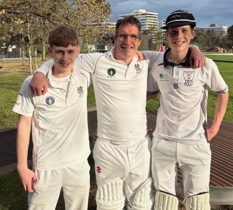 The Sevensons had a lot to celebrate in the massive 10-wicket win in the Fourths ( L-R) Luke with two catches as keeper, Paul with an unbeaten century and Jeremy 59no.