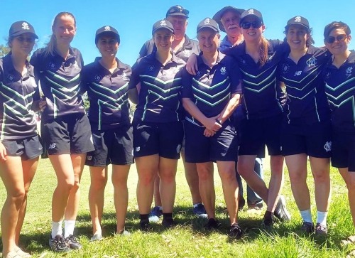Moonee Valley's big win over Gellibrand in Round 12: L-R Maddie Dutton Johnson, Emily Seery, Yasmin King, Fiona Bathie, coach Darren Nagle, Sandra Verschoor, scorer Charlie Walker, Siobhan Donohoe, Sarah Fenn and Kylie Russo.