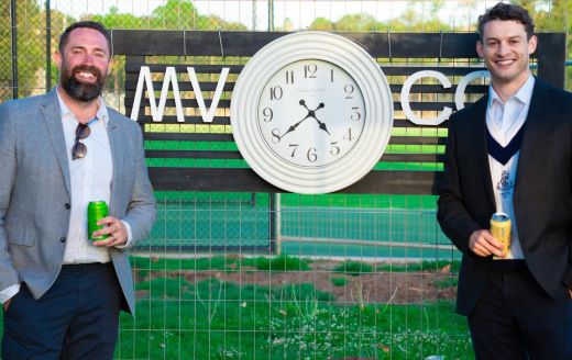 We resurrected the clock from the old portable Moonee Valley scoreboard: Proudly displayed by Steve Hazelwood (left) and Sam Younghusband.