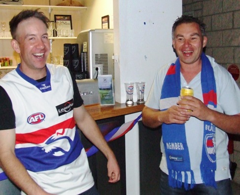 Real Bulldogs supporters - Ben Thomas (left) with Dean Jukic - who returned triumphant to the Valley after the game.