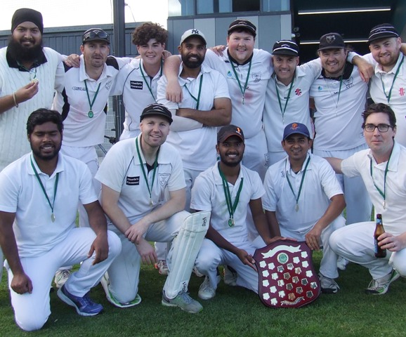 The Premiers with their medals. L-R. Back - Manu Singh, Paul Bannister, Tom Morrissy, Sunny Singh, Andreas Skiotis, Sam Carbone, Mick Bannister and Sam Coventry-Poole. Front: Pavan Menugonda, Dominic Rettino, Jay Patel, Prashant Hirani and Ben Skok.