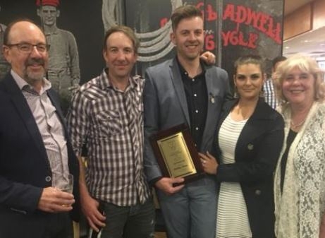 A proud Thomas family: Celebrating Matt's Life Membership are (L-R) father Alan, brother Ben, Matt, partner Vanessa Riggio and mother Sandra.