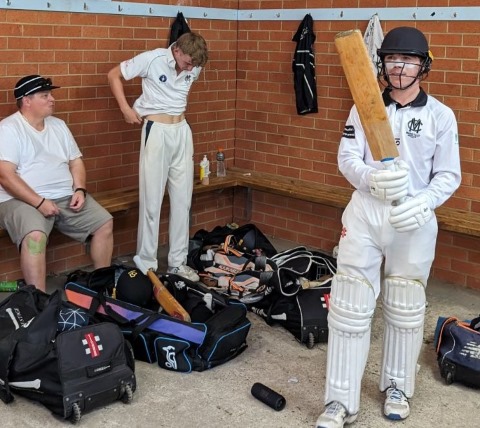 Getting rid of the nerves on Day 1: Ready to bat. L-R Mark Gauci, Luka Anderson and Henry Thomas. 