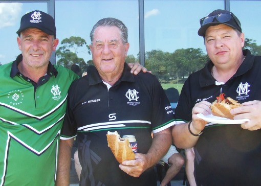 A great feed and a cool drink - what more could you want? L-R Sponsorship manager Domenic Gibaldi with MVCC founder Ray Storey and 400-game player Mark Gauci.